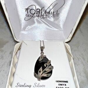 Tori Hill Black Onyx Sterling & Marcasite Teardrop Pendant Necklace BRAND NEW!